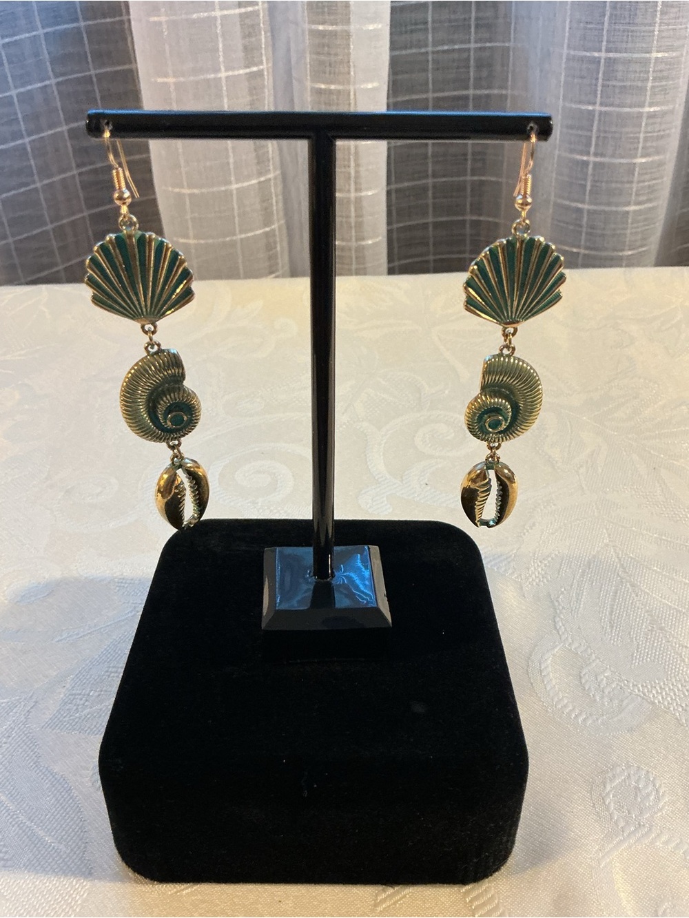 Teal Enamel Triple Seashell Nautilus Cowrie Scallop Gold Tone Dangle Earrings